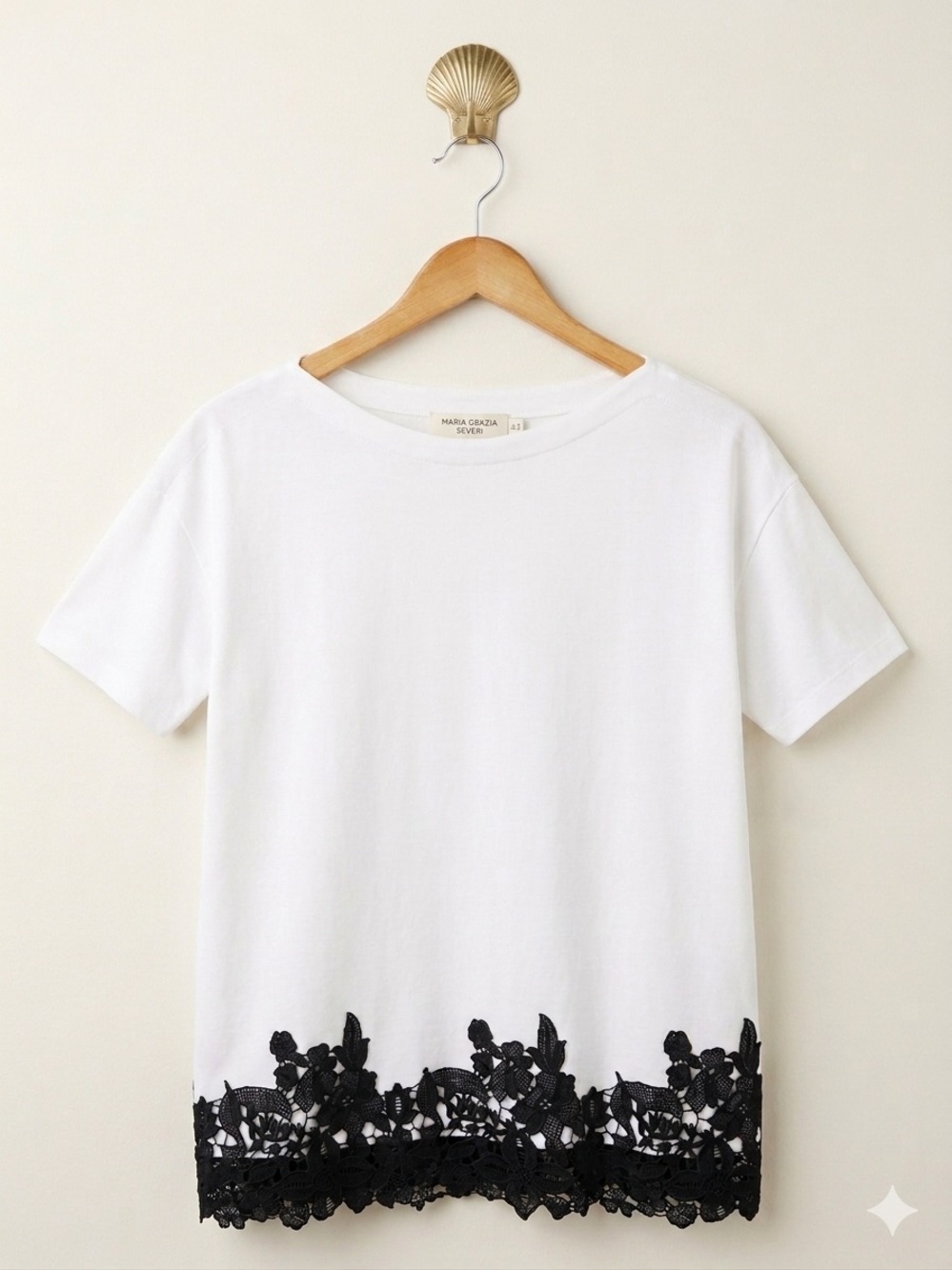 Maria Grazia Severi Italy White Cotton Tee Black Guipure Lace Hem Luxury Top L